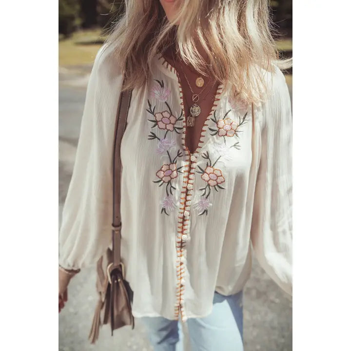 Floral Embroidered Textured Puff Sleeve Loose Shirt