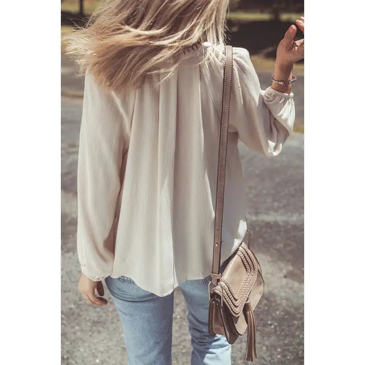 Floral Embroidered Textured Puff Sleeve Loose Shirt