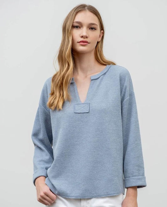 B3FT1052 Rough Hem Knit Top Dusty Blue