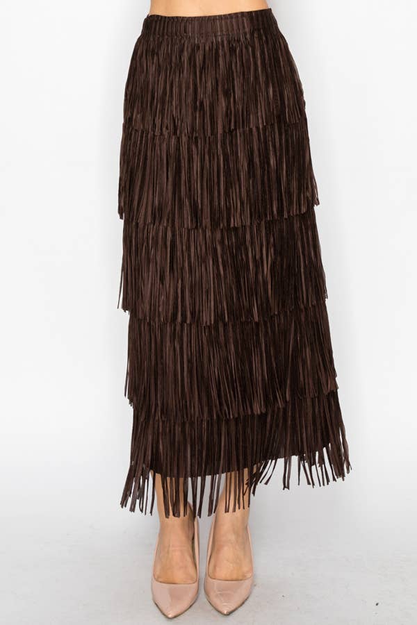 Layered Fringe Tiered Maxi Skirt - OLS-4794BROWN