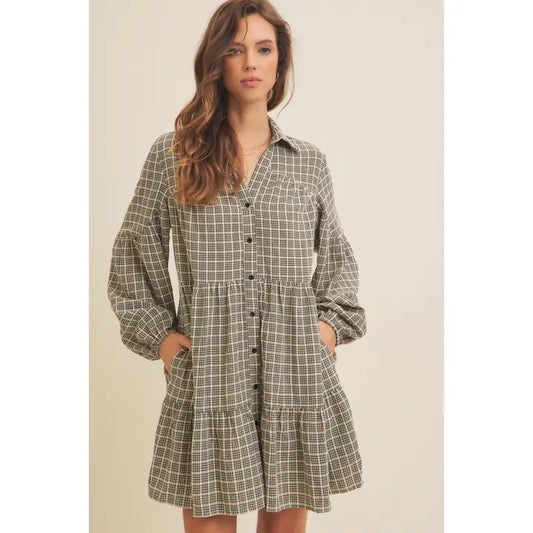 A1676D Plaid Button Down Tiered Dress