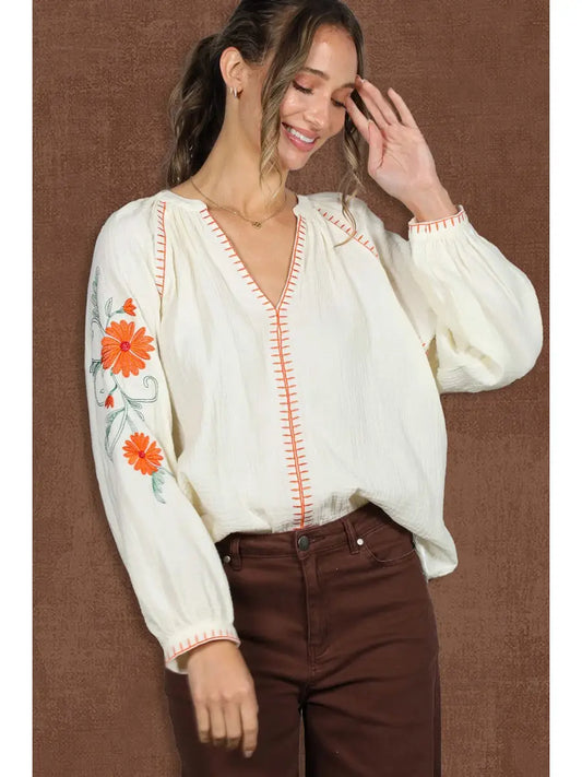 VT83014 Embroidered Gauze Blouse