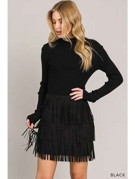 BL81169W Faux Suede Fringe Mini Skirt Black