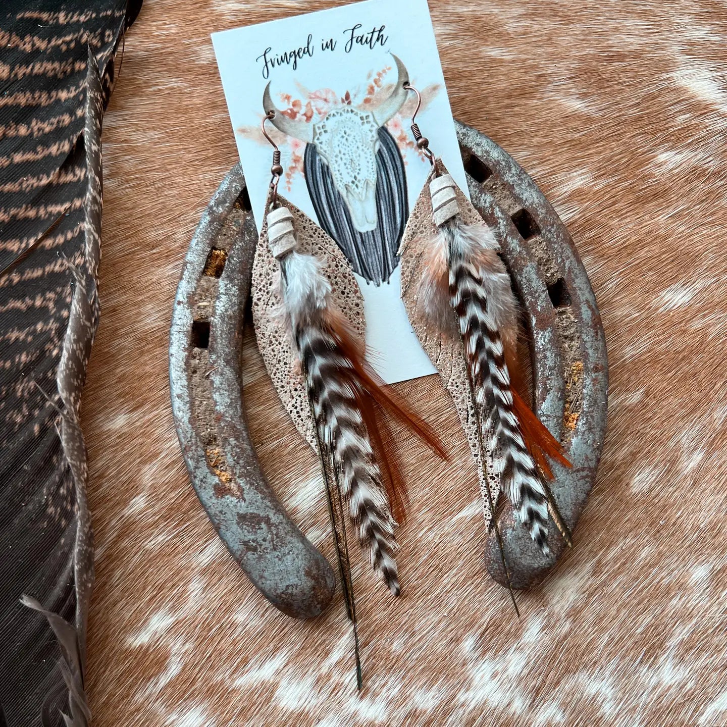 Round Up Feather Earrings - Gold w/Blk/Wht