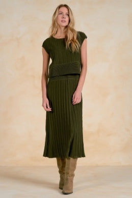 Elan Cap Sleeve Wide Waistband Midi Dress - Olive