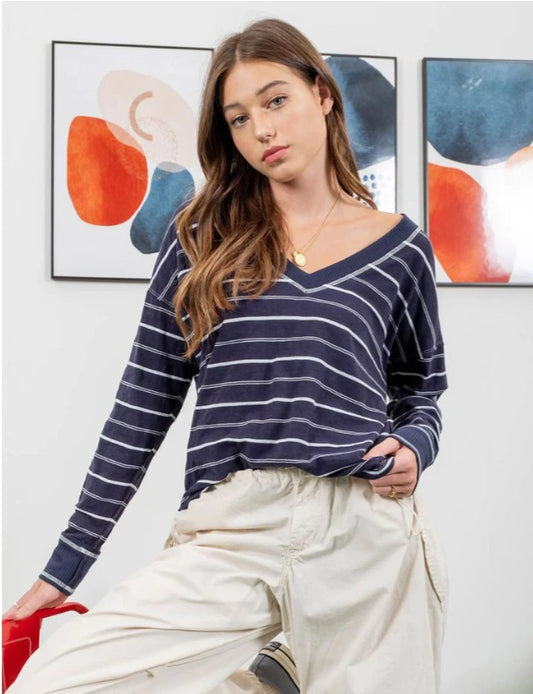 B4ST1015 Striped Vneck LS Navy