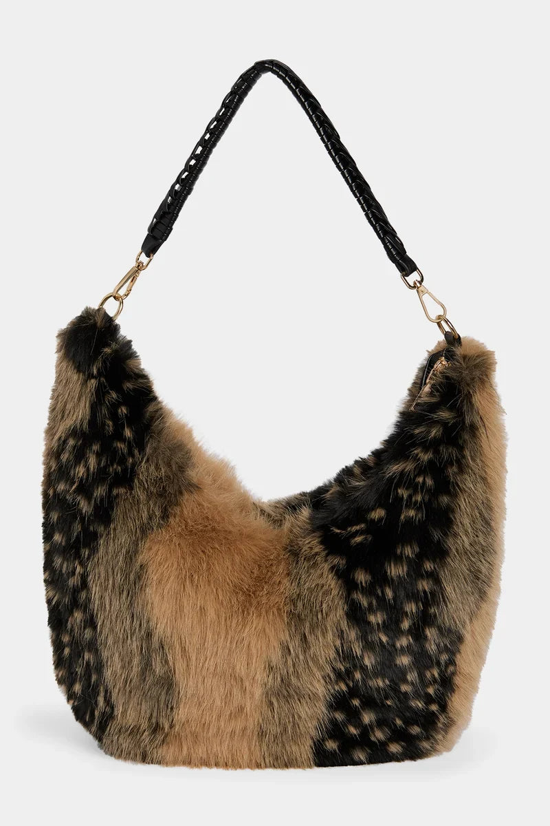 Galyna Faux Fur Hobo - Black/Tan