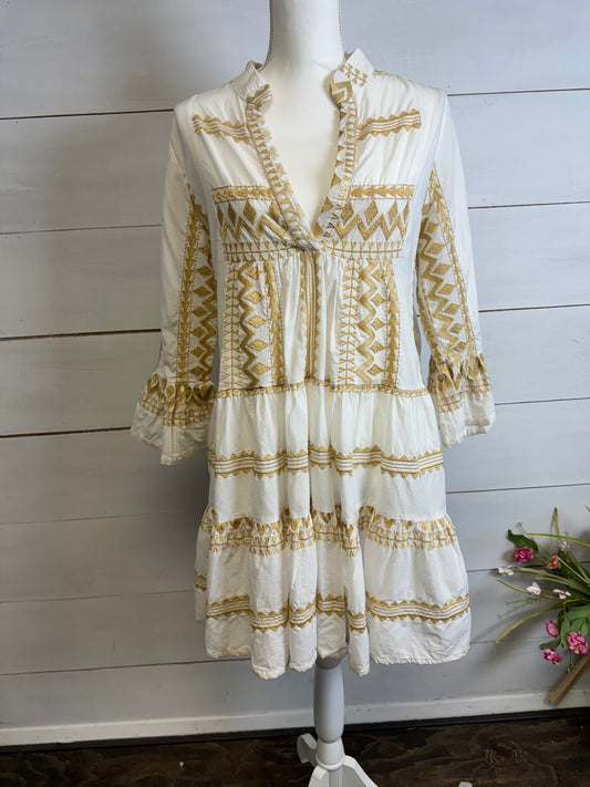 92627 Boho Babydoll Mini Dress Cream/Gold