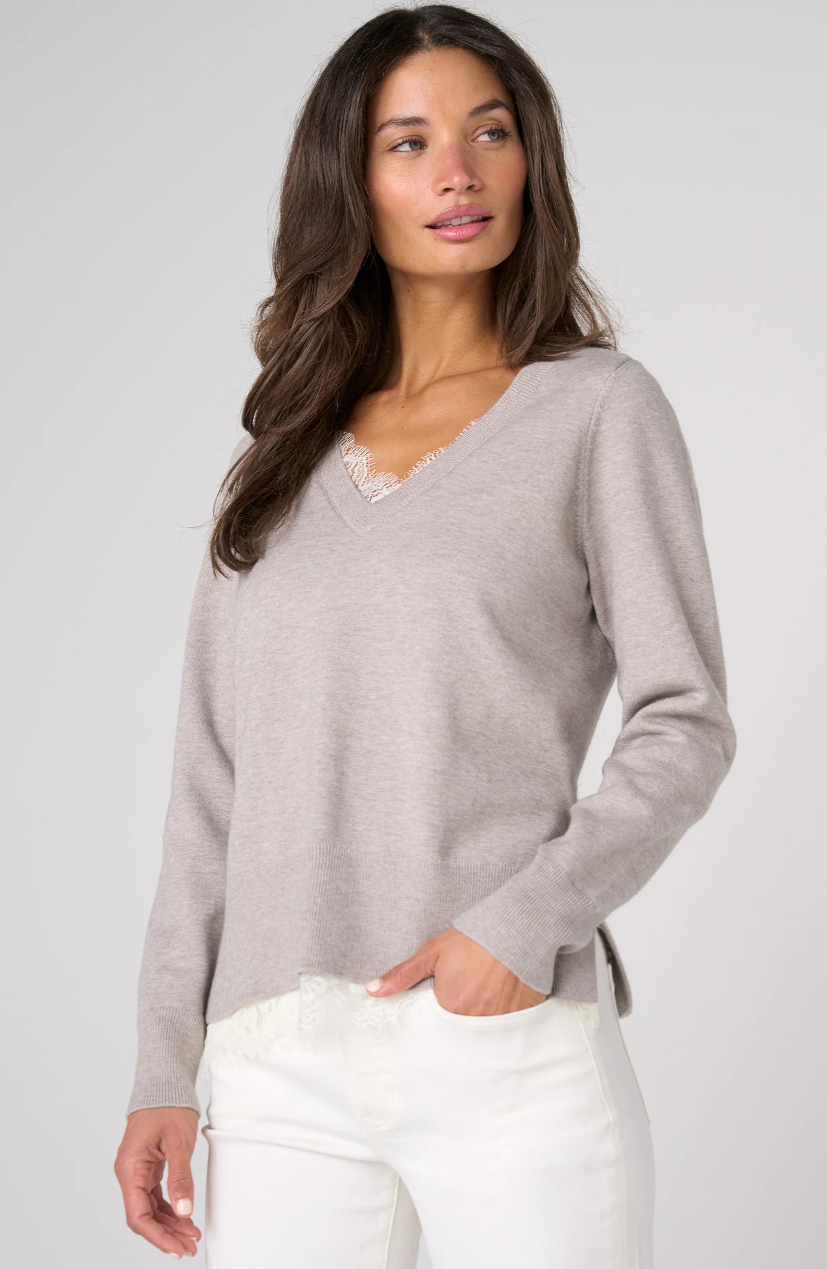 Soft Grey Lace V-Neck Sweater