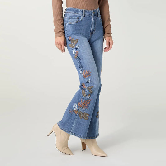 Bambu Soft Flare with Leaf Embroidery - Medium Denim