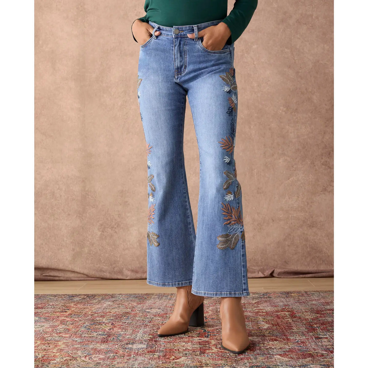 Bambu Soft Flare with Leaf Embroidery - Medium Denim
