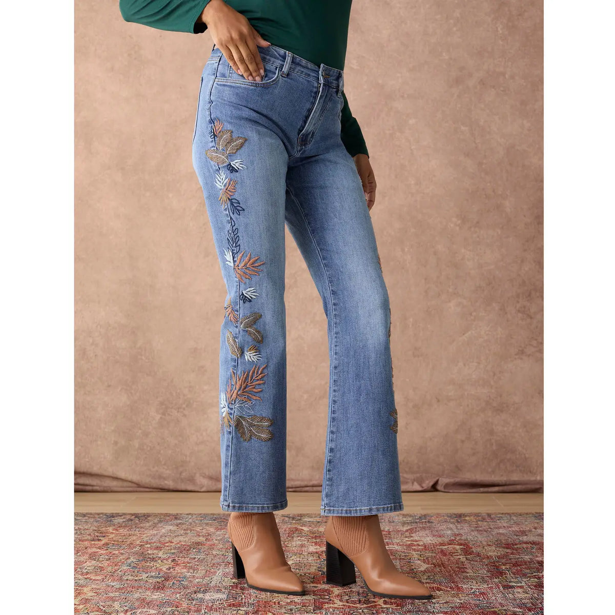 Bambu Soft Flare with Leaf Embroidery - Medium Denim