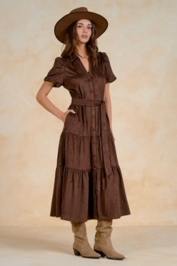 Elan Short Sleeve Tiered Midi Dress - Chocolate