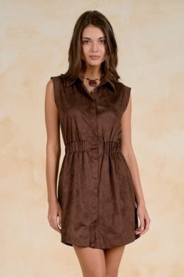 Elan Sleeveless Elastic Waist Short Dress - Chocolate