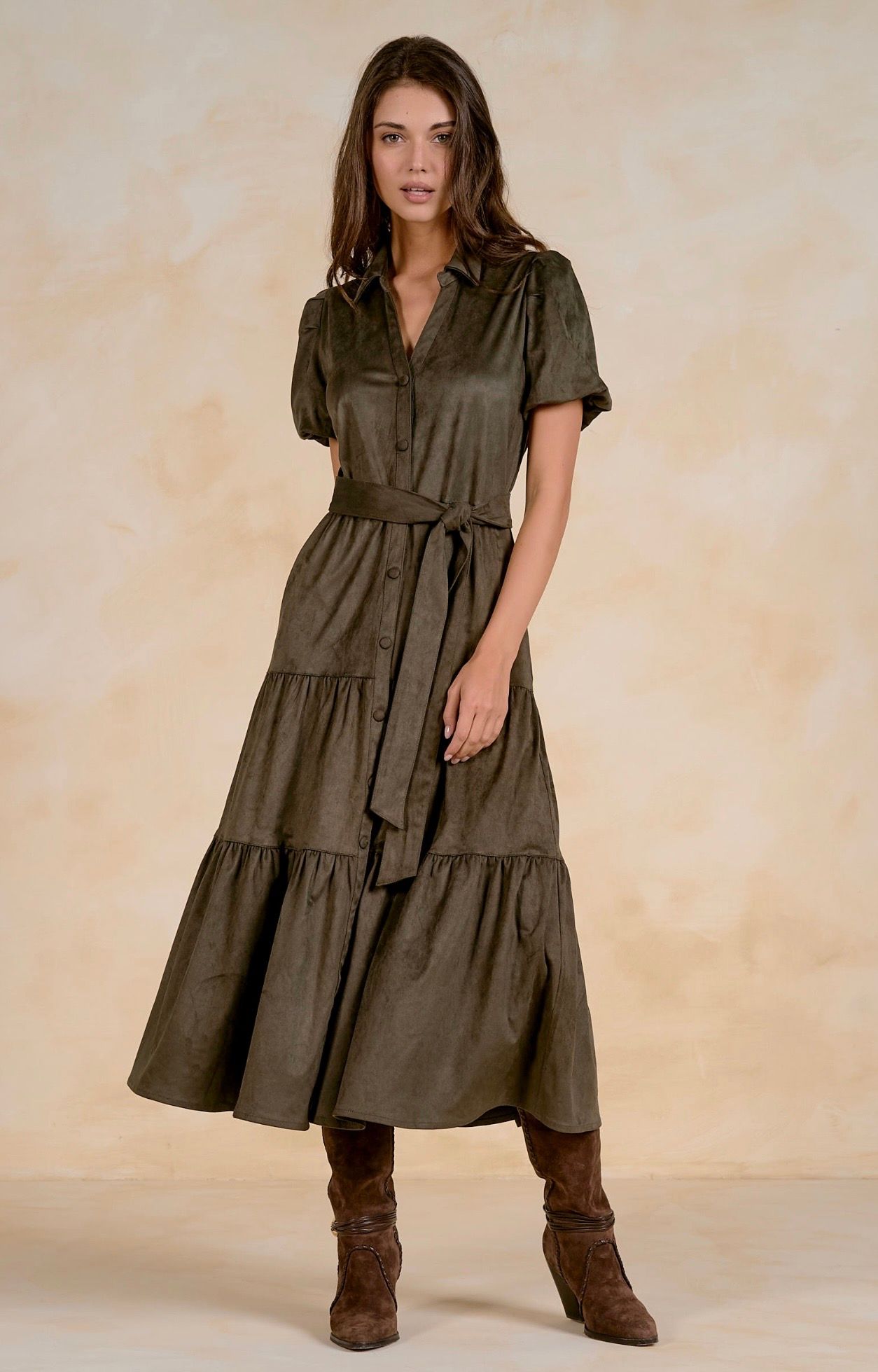 Elan Short Sleeve Tiered Midi Dress - Olive