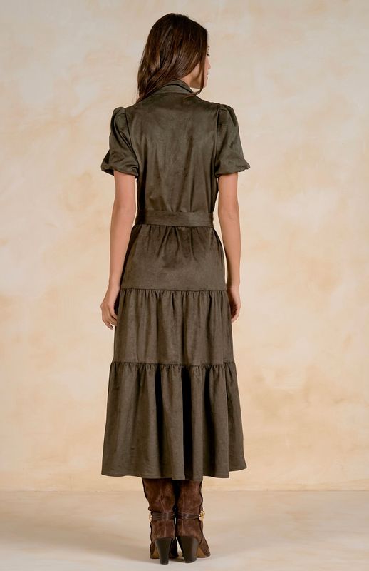 Elan Short Sleeve Tiered Midi Dress - Olive