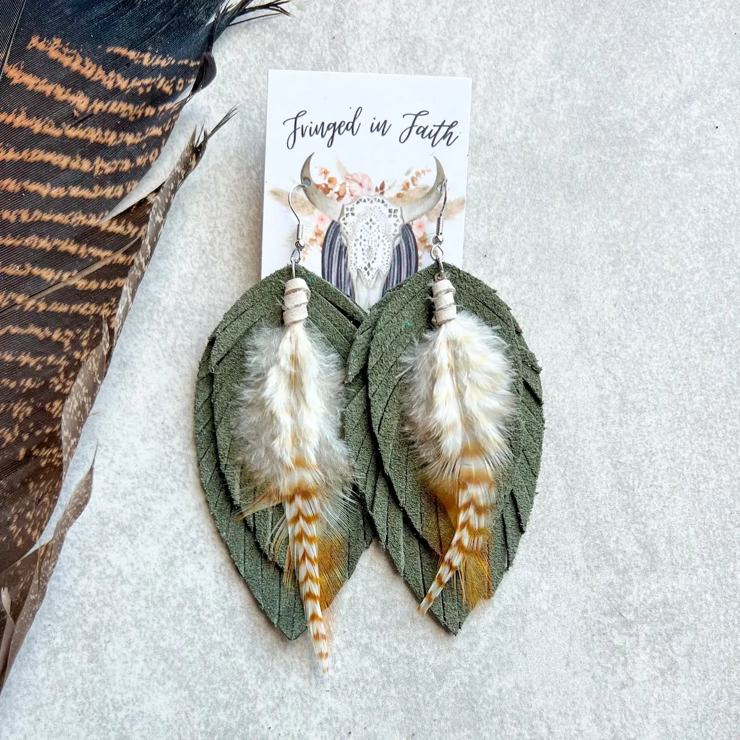Ronan Fringe Feather Earrings - Olive