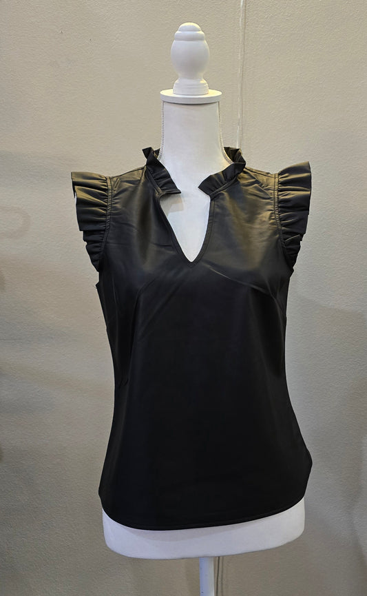 Vegan Leather Ruffle v neck top