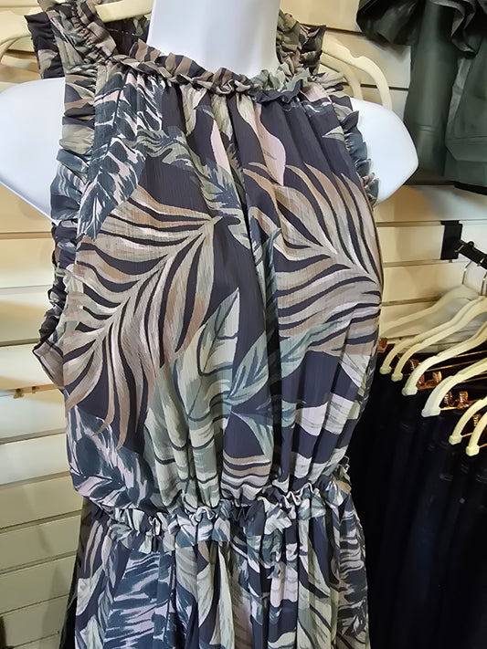 Sleeveless Printed Ruffle Midi Dress