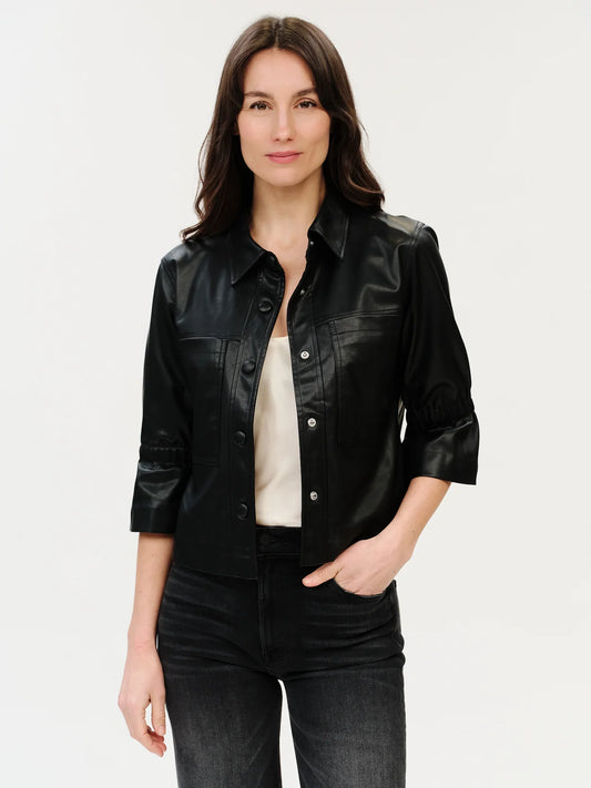 Faux Leather 3/4 Slv Flutter Jacket