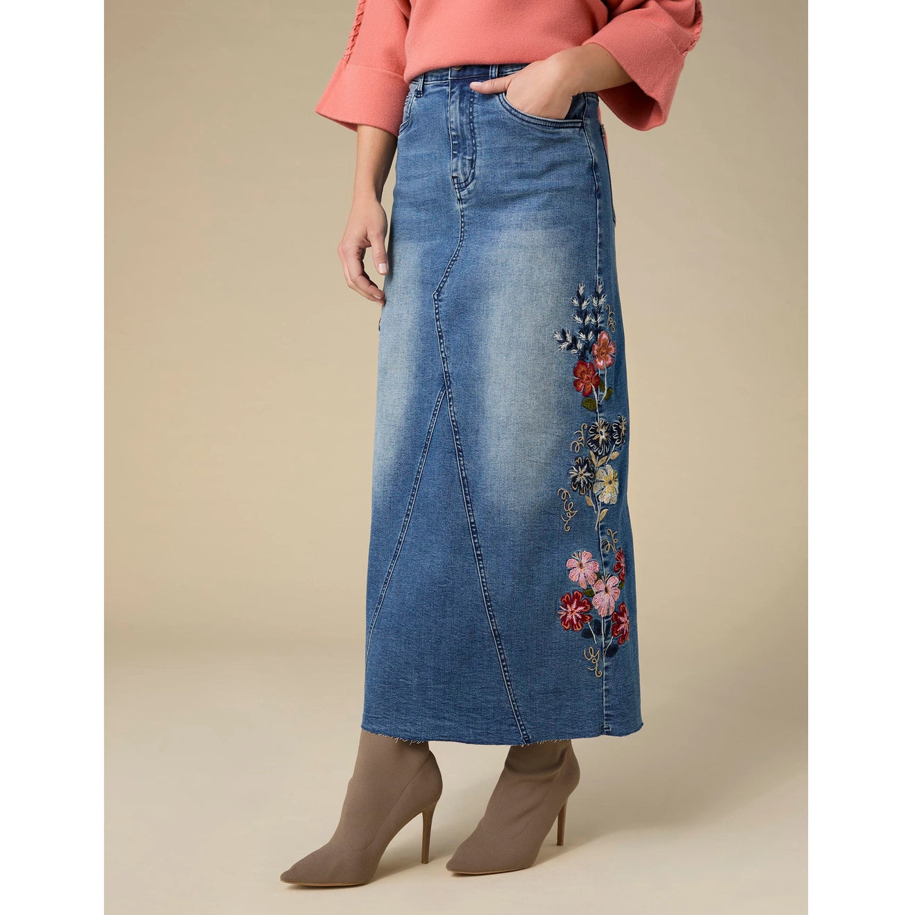 EverStretch Embroidered Maxi Skirt - Medium Denim