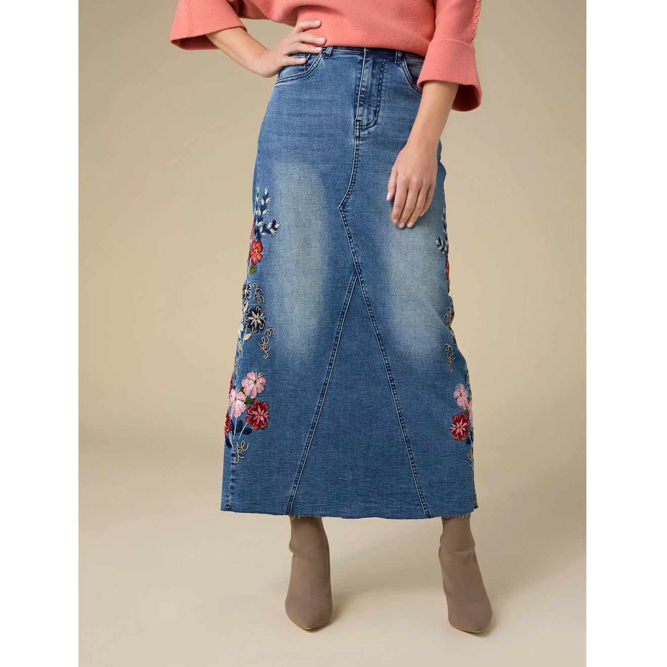 EverStretch Embroidered Maxi Skirt - Medium Denim