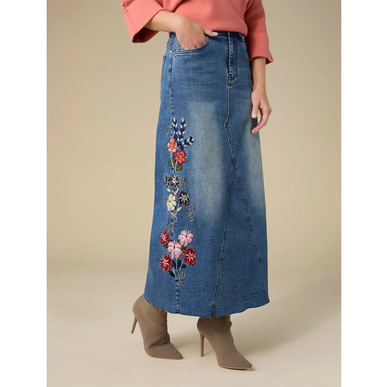 EverStretch Embroidered Maxi Skirt - Medium Denim