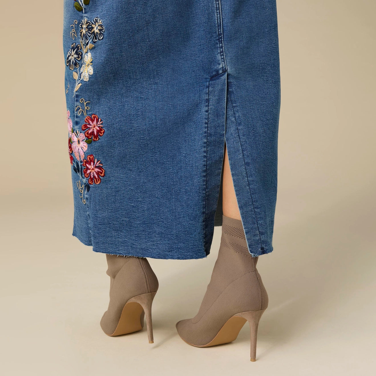 EverStretch Embroidered Maxi Skirt - Medium Denim
