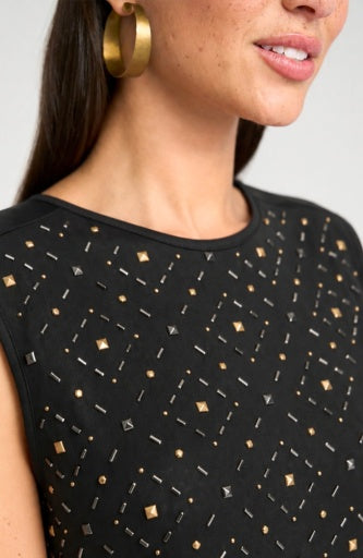 Sleeveless Embellished Knit to Woven Tee