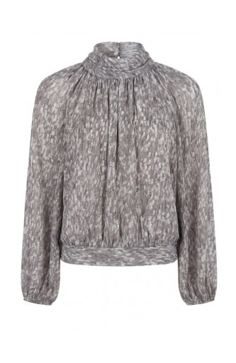 Long Sleeve Shirred Mockneck Woven Top