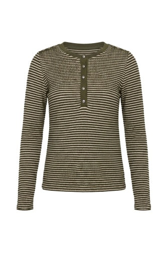 Long Sleeve Knit Henley Top W Sweater Trim - olive crm strpe