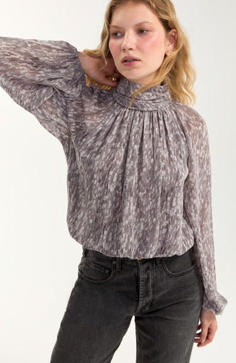 Long Sleeve Shirred Mockneck Woven Top