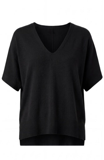 Short Sleeve Vneck Dolman Popover Sweater W Step Hem - black