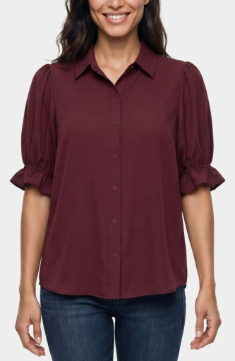 Elbow Puff Sleeve Snap Front Knit Shirt