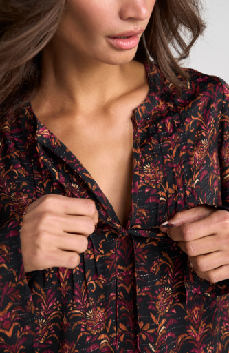 Long Sleeve Band Collar Woven Top with Pintuck Detail