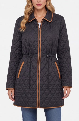 Zip Front Quilted Cost W/ Cinched Waist - black
