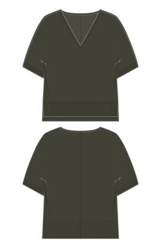 Short Sleeve Vneck Dolman Popover Sweater W Step Hem - hunter green