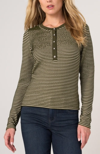 Long Sleeve Knit Henley Top W Sweater Trim - olive crm strpe