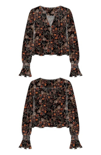 Long Sleeve Woven Blouse W Pintucks - blk/rust multi