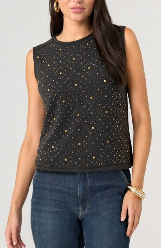Sleeveless Embellished Knit to Woven Tee