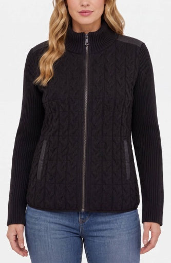 Long Sleeve Zip Front Quilted Sweater Jacket - black