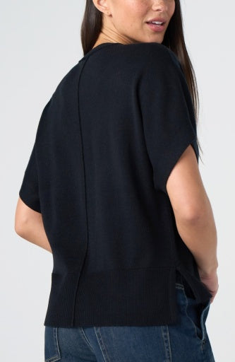 Short Sleeve Vneck Dolman Popover Sweater W Step Hem - black