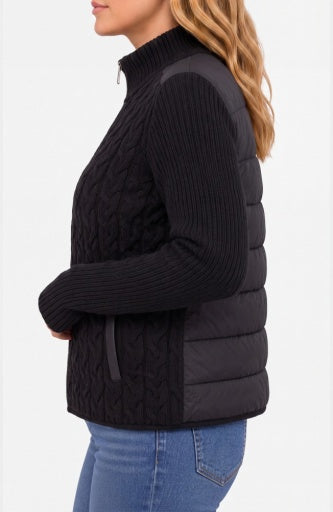 Long Sleeve Zip Front Quilted Sweater Jacket - black
