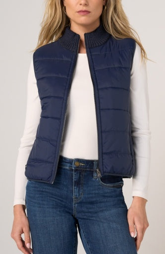Sleeveless Reversible Zip Front Quilted Sweater Vest - heather navy