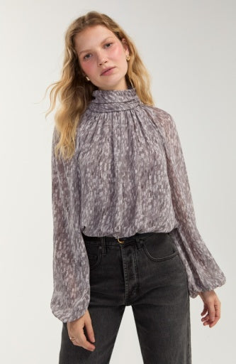 Long Sleeve Shirred Mockneck Woven Top