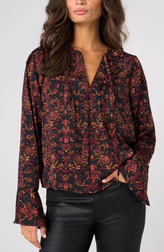 Long Sleeve Band Collar Woven Top with Pintuck Detail