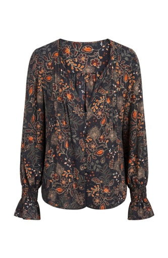 Long Sleeve Woven Blouse W Pintucks - blk/rust multi