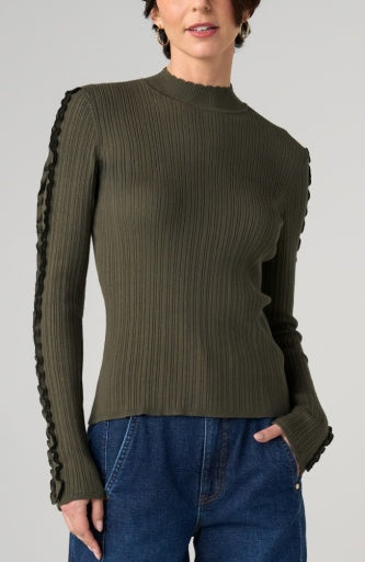 Mock Neck Long Sleeve Sweater - olive w/black