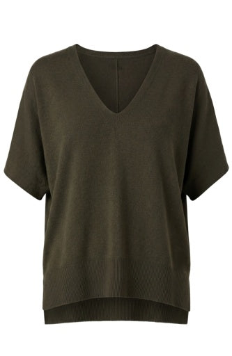 Short Sleeve Vneck Dolman Popover Sweater W Step Hem - hunter green