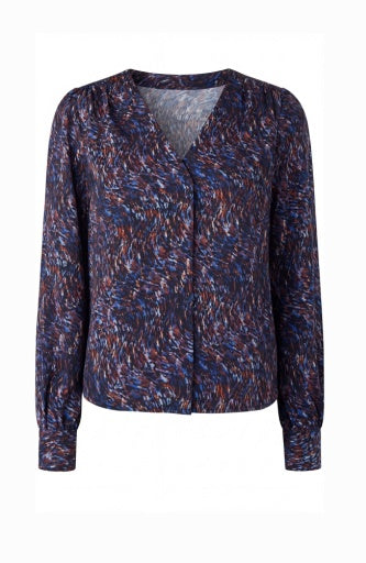 Long Sleeve Woven Blouse W Neck Tie - blue/brwn multi